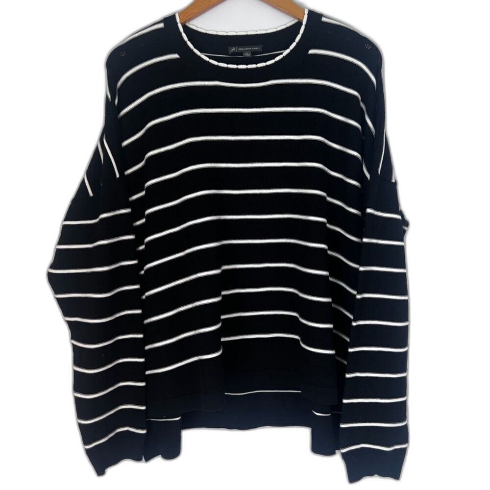 Adrianna Papell Black White Striped Long Sleeve Floral Knit Sweater Size Large